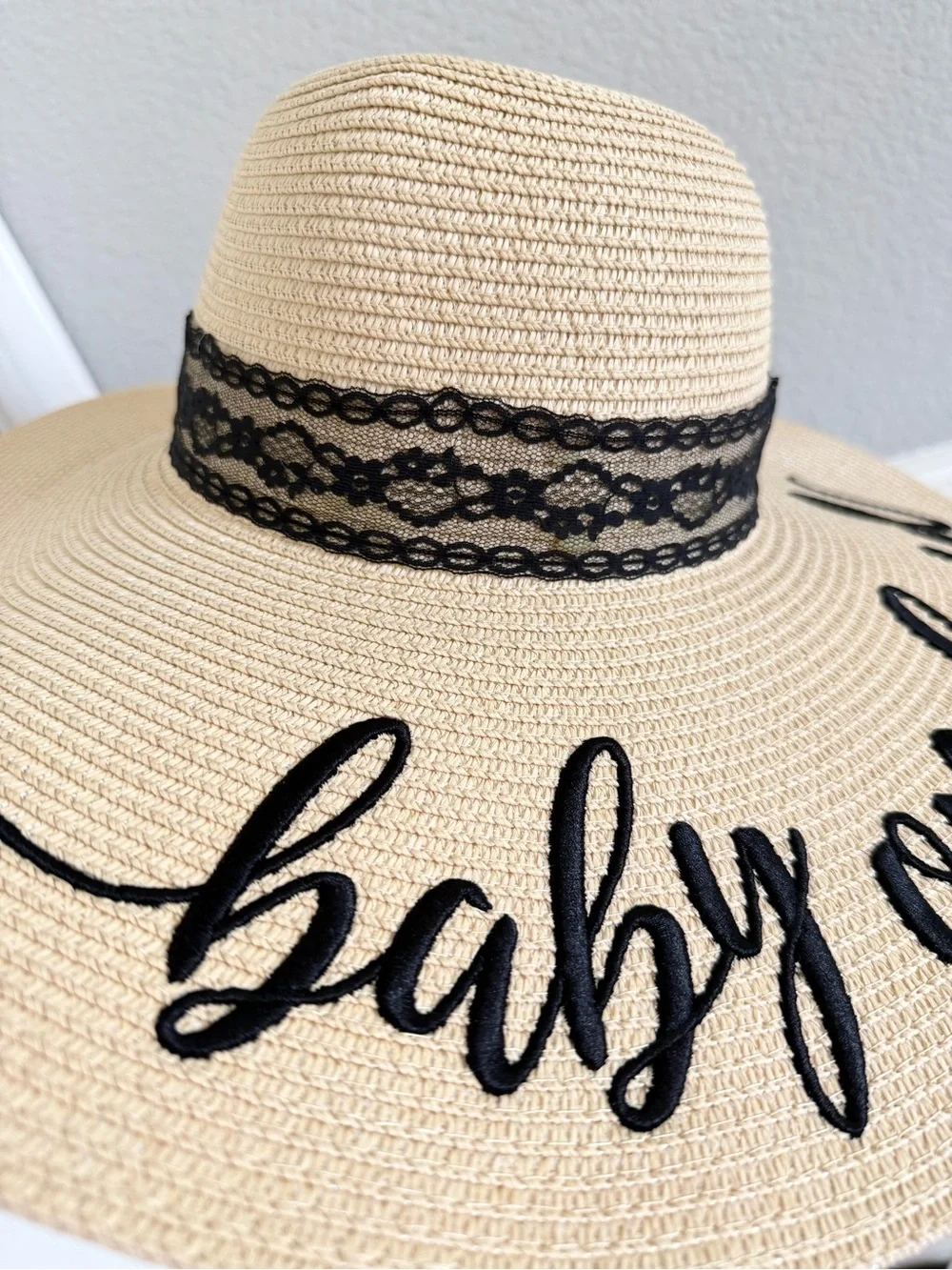 Chic Soul Embroidered “Baby on Board” Wide Brim Floppy Straw Hat | Adjustable